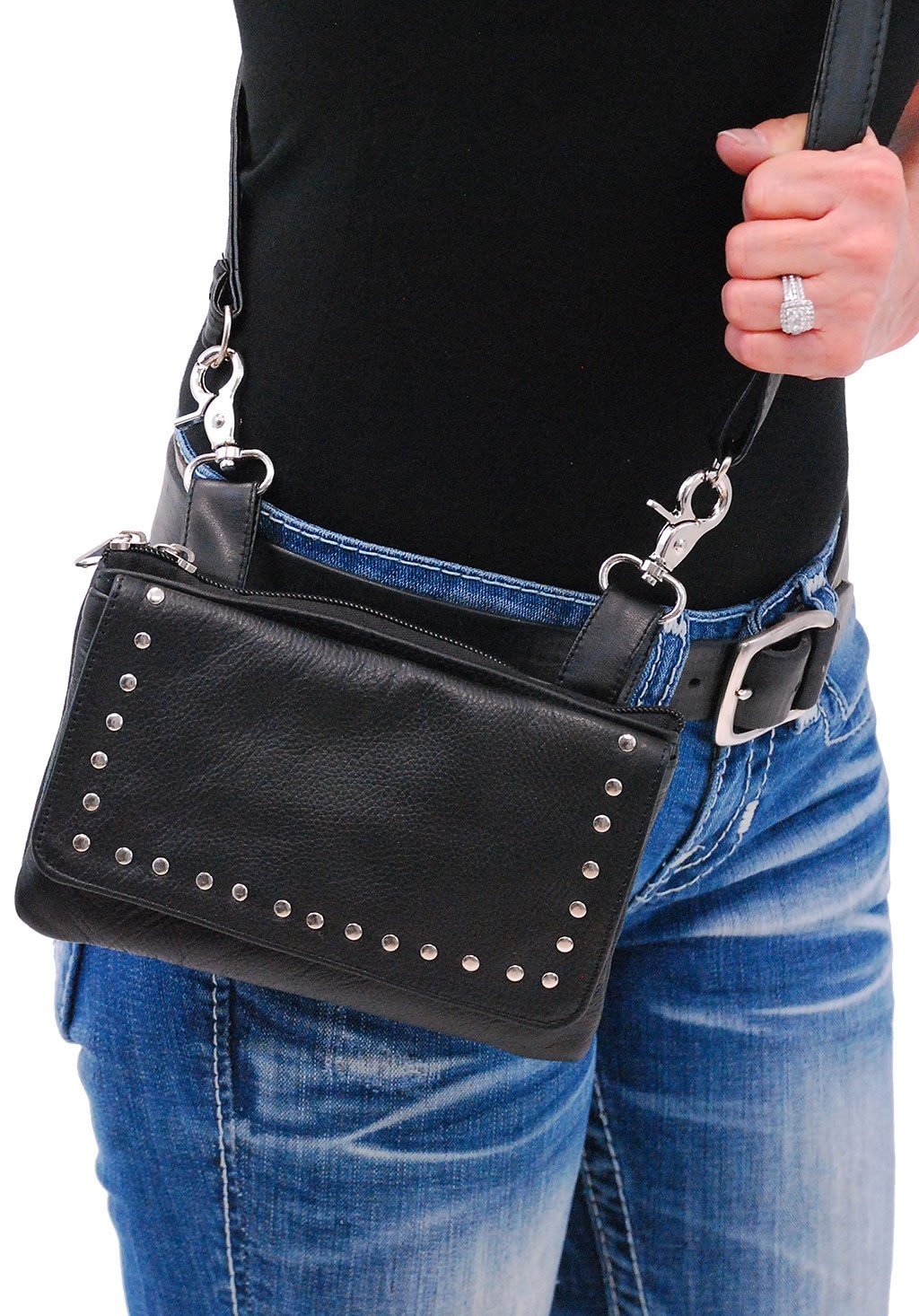 Stud Trim Black Leather Hip Klip Bag With Removable Strap#PKK2151RK