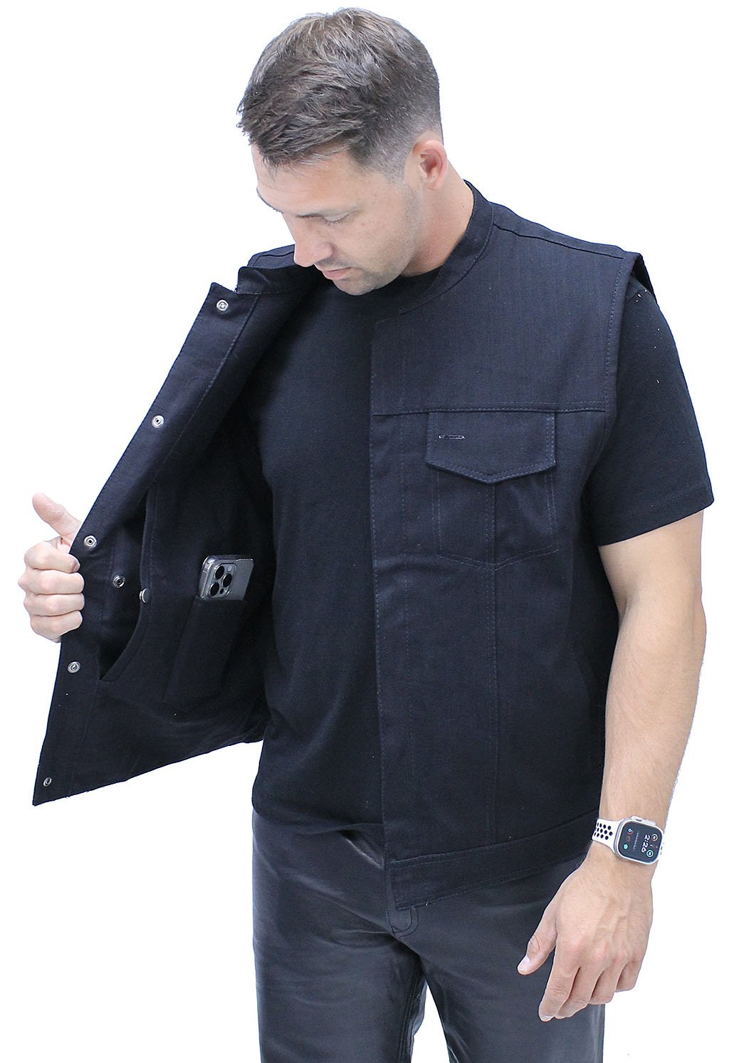 Black Denim Snap Up Club Vest w/Concealed Pocket #VMC3200K