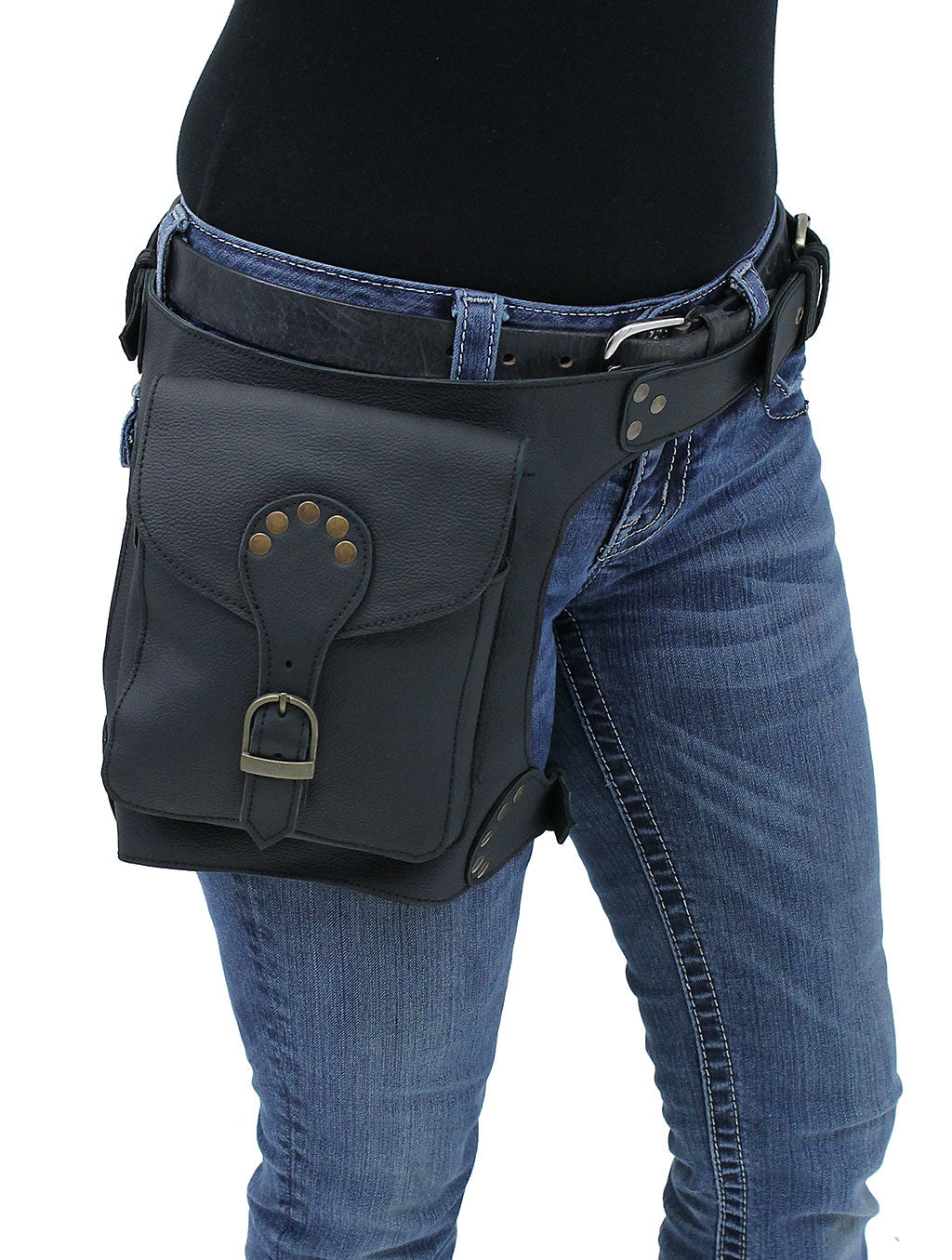 (d) Heavy Leather Thigh Bag with Wide Buckle Straps #TB702031K