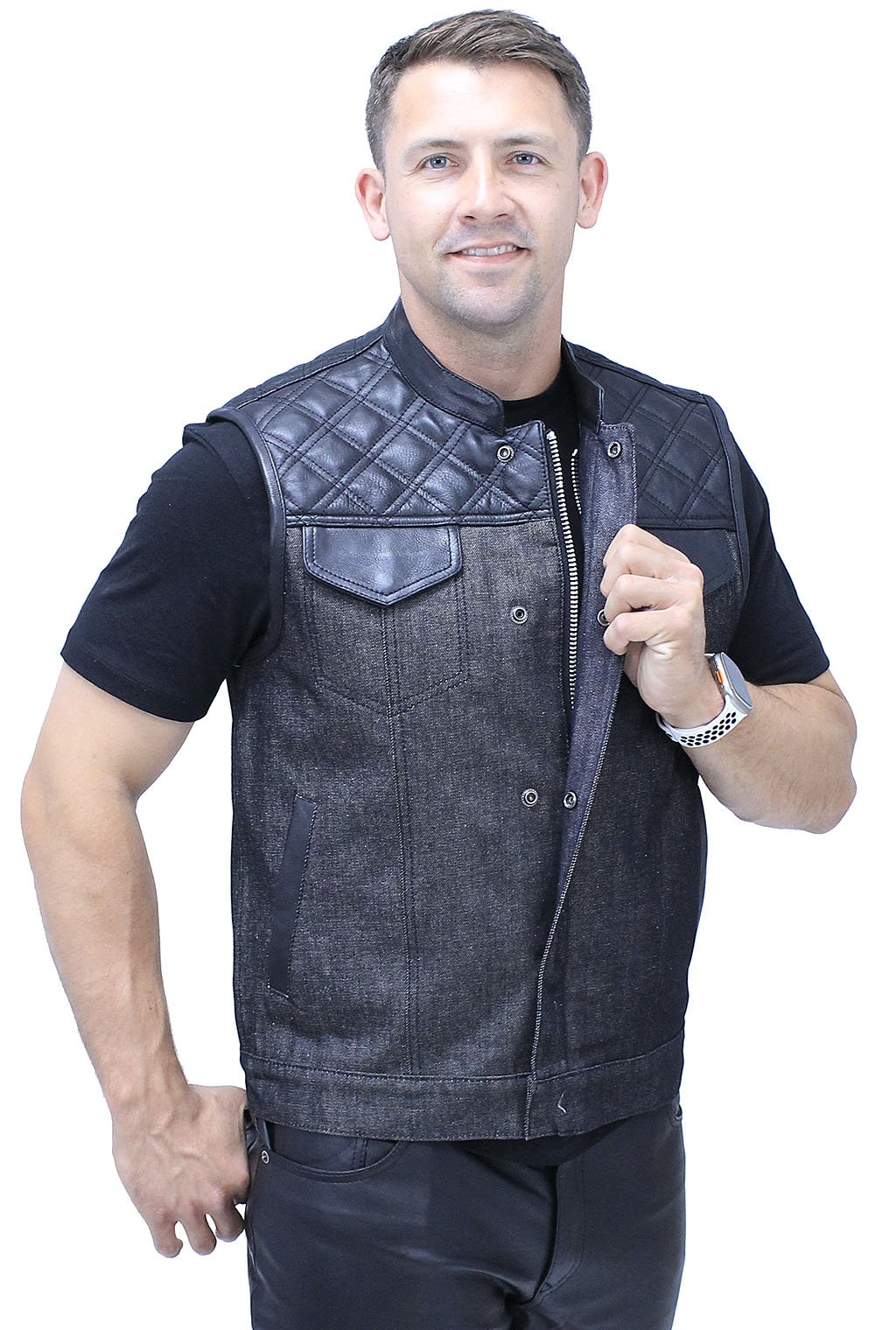 Unik Black Denim Leather Quilt Concealed Pockets Club Vest VM6676DGQK L