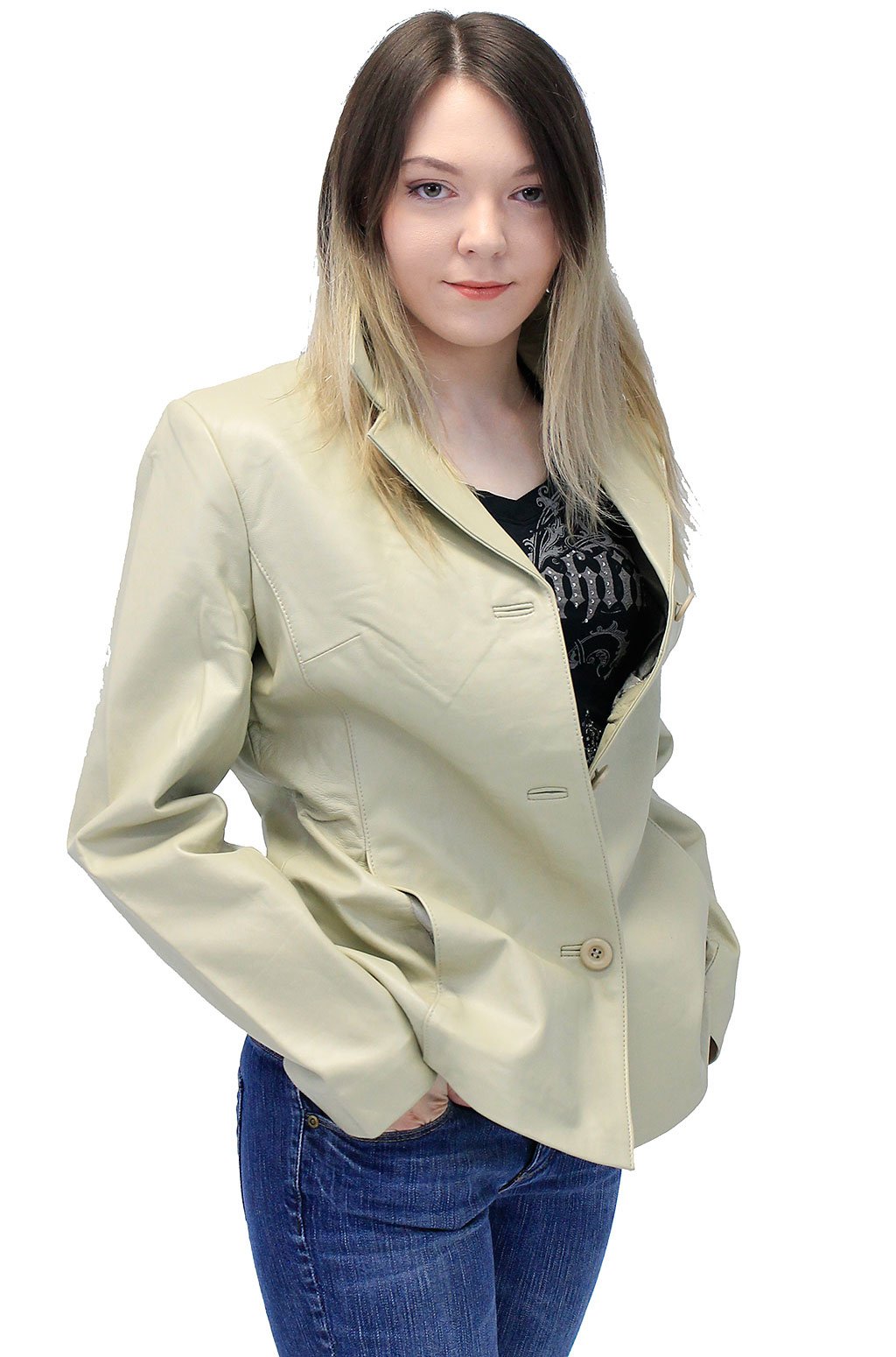 Sand Color Women's 3 Button Genuine Leather Coat #L32BTT (S-3X)