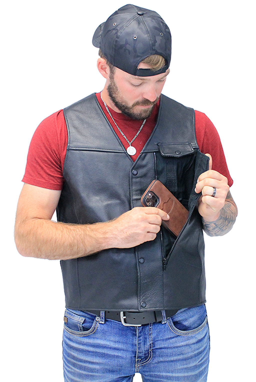 Straight Bottom Leather Vest with Side Zip Compartment #VM150GZPK