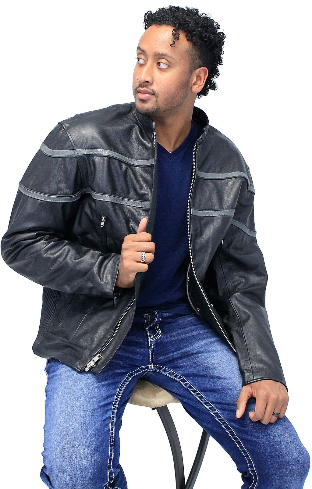 Men's Double Gray Stripe Vented Leather Jacket w/Reflector #M604918VZK