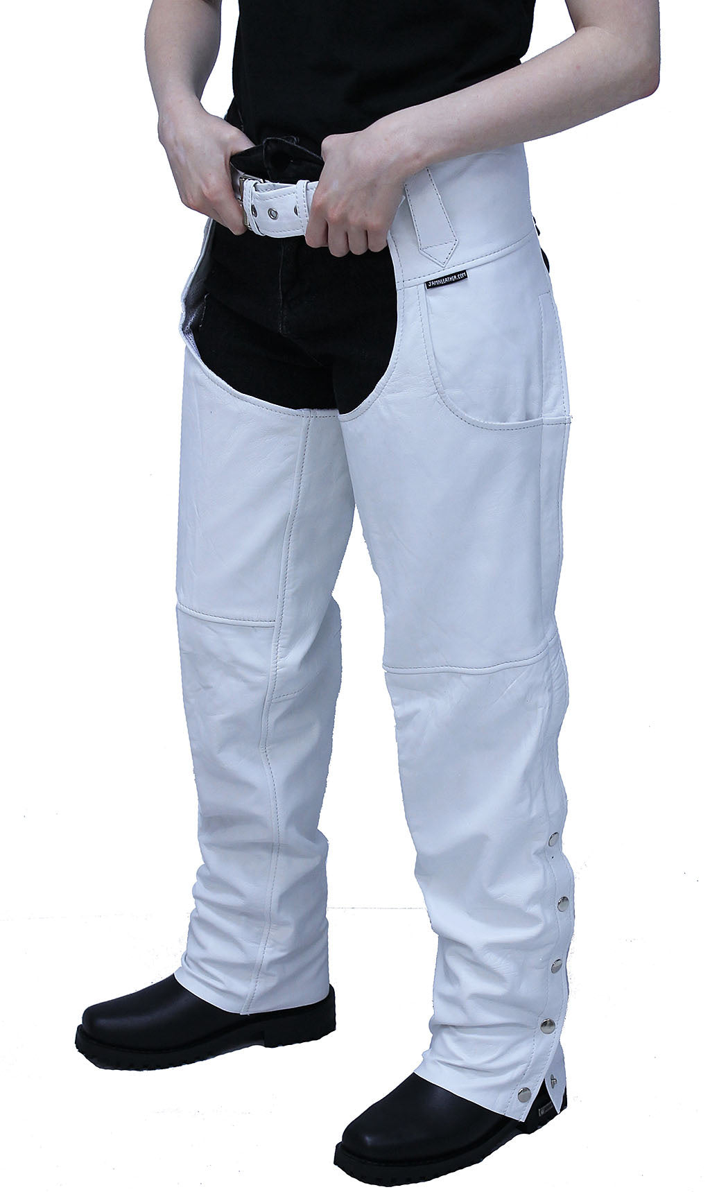 White Leather Chaps w Adjustable Back Thigh Lacing C6028LLW Jamin Leather