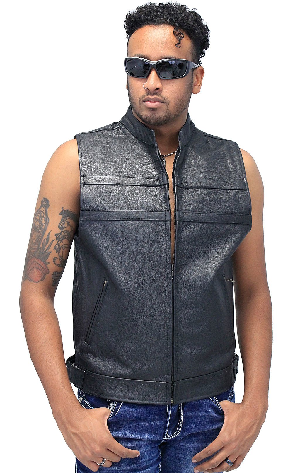 Striped Zip Front Men's Leather Vest #VM1366Z (XL-3X)