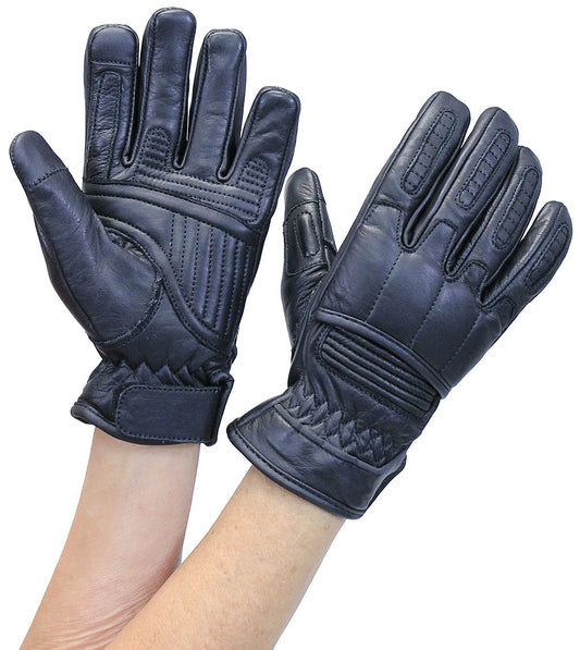 Women's Black Leather Padded Riding Gloves w/Cell Phone Fingertips #G81690K