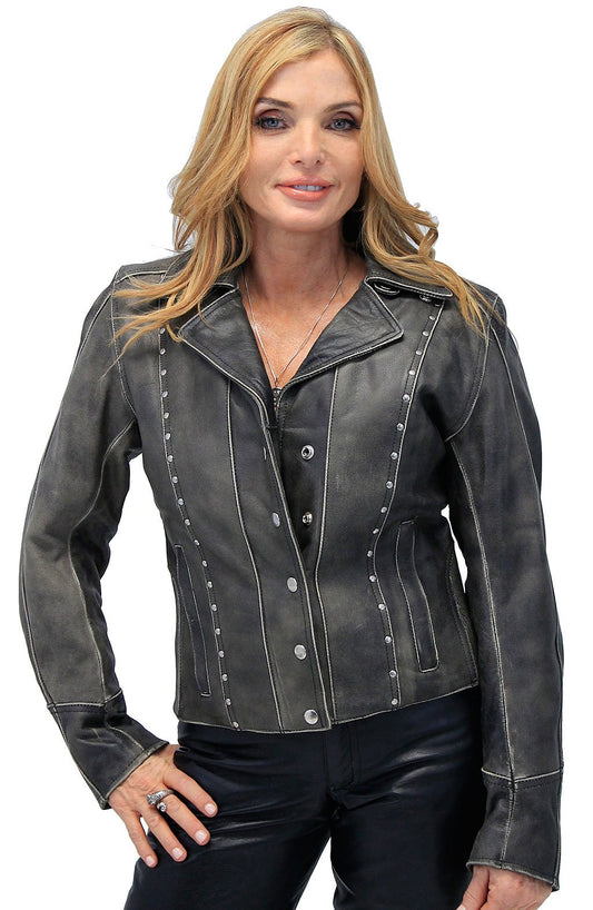 Rivet Trim Vintage Leather Motorcycle Jacket for Women #LA4041ZRDN (S-3X)