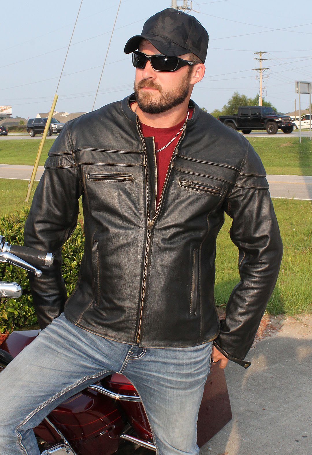 Dark Vintage Brown Leather Vented Motorcycle Jacket w/Concealed Pockets #MA6037VZN