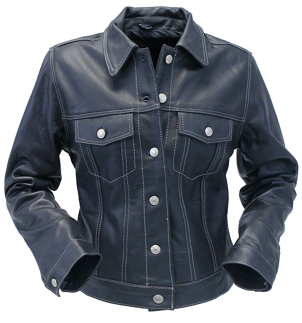 Women's Leather Jean Jacket w/Gray Stitching #L291WK (M-XL)