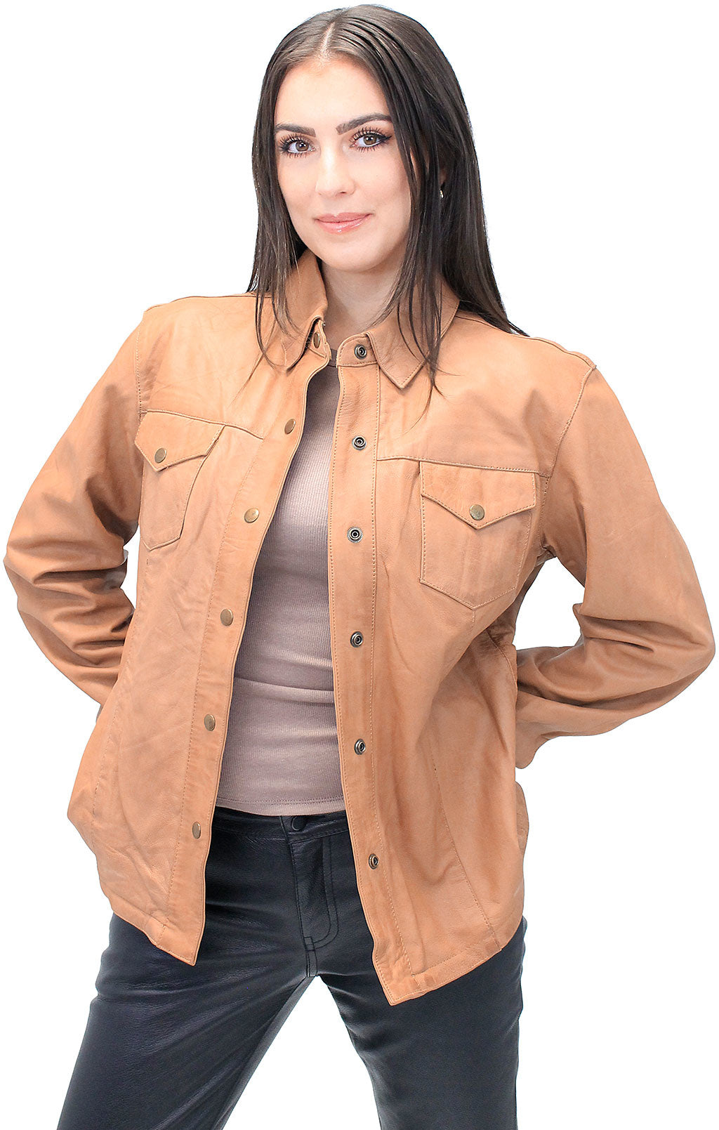 Women s Vintage Tan Soft Lambskin Leather Shirt LSA862T Jamin Leather