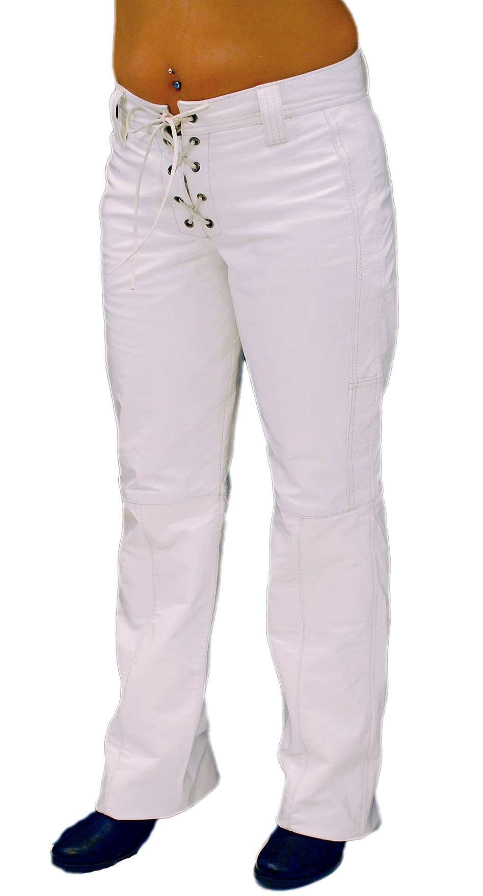 Lace Up White Leather Pants for Women #LP504LW (4-12)