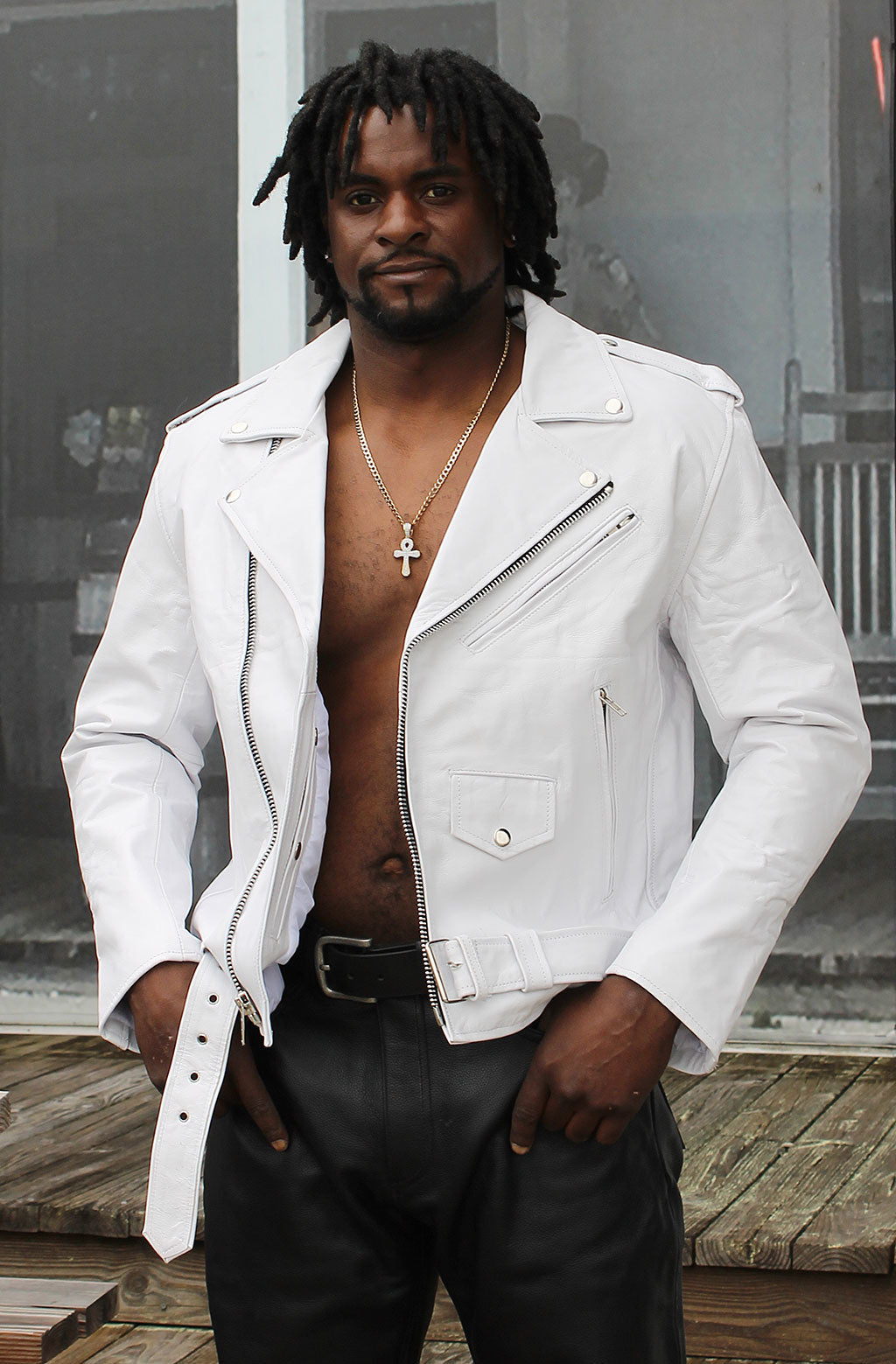 Men's White Leather Motorcycle Jacket w/Concealed Pocket #M111GW