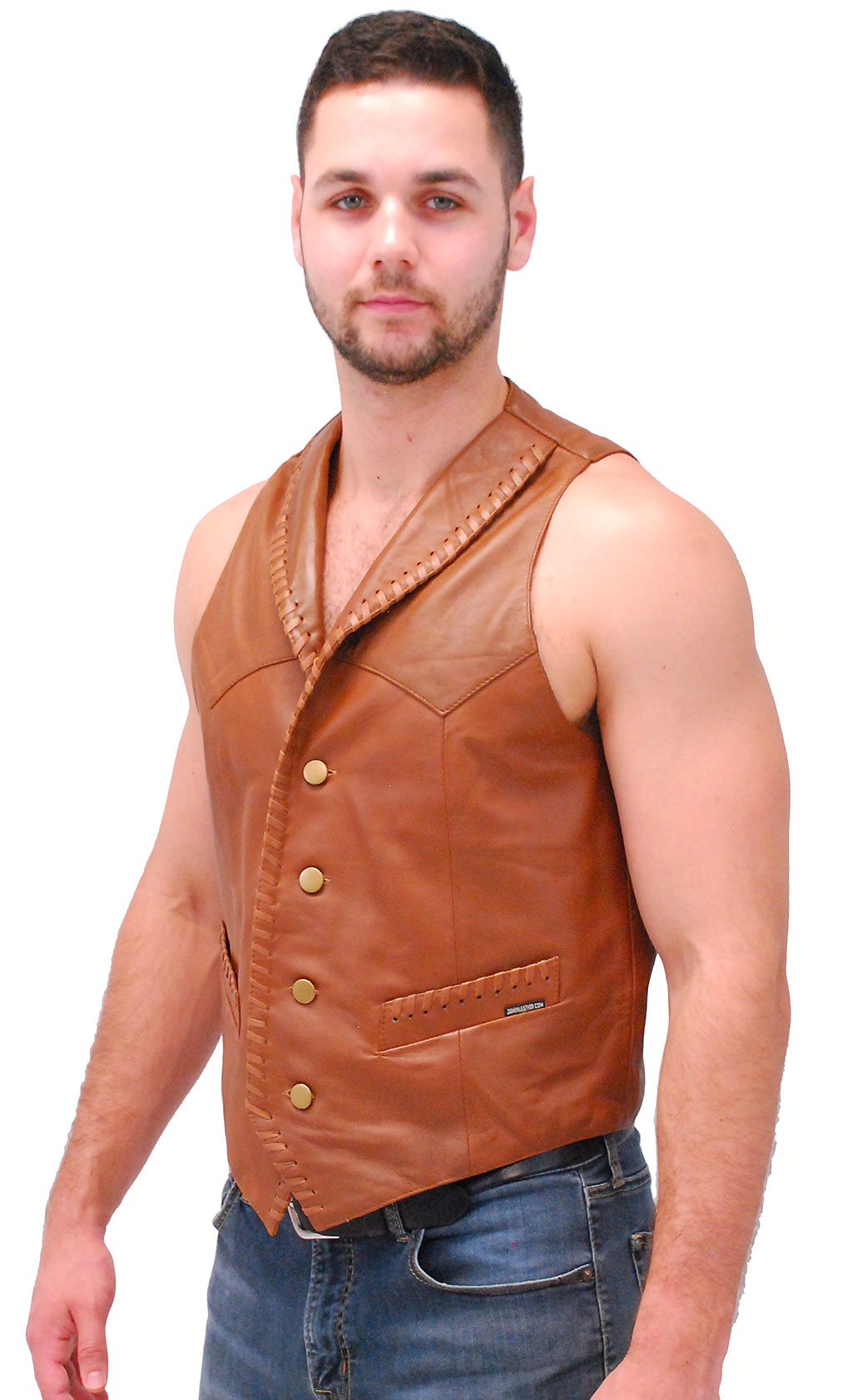 Light Brown Vintage Waxy Lambskin Western Whip Stitch Vest #VM2061WN (M-L)