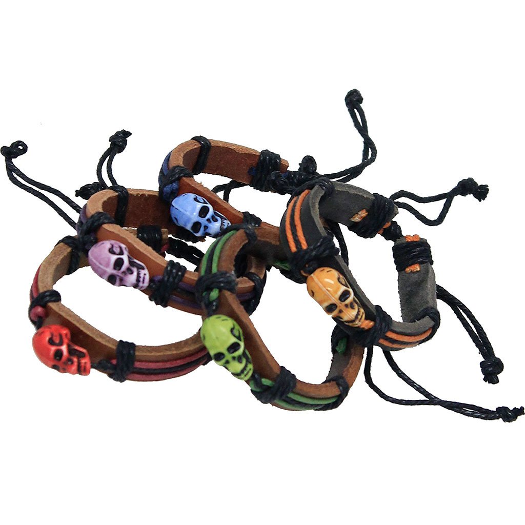 Adjustable Leather Wristband with Colorfull Skull #WB336SK