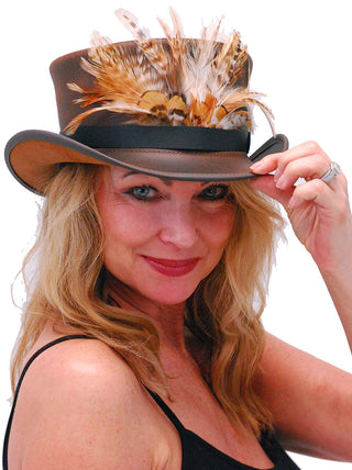 Large Front Feathers on Black Leather Hatband #HB-XFEATHER