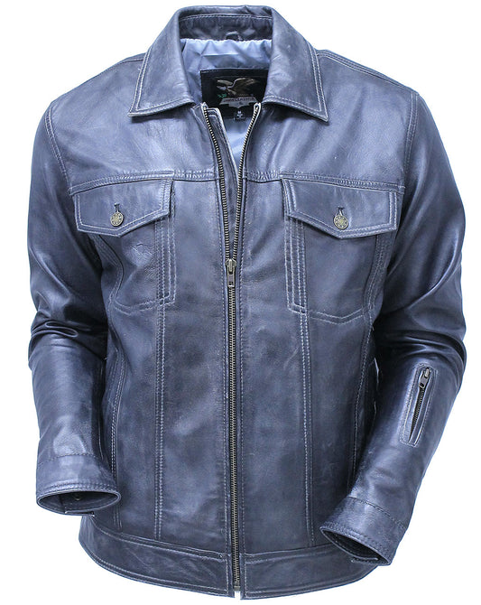 Men's Charcoal Gray Zip Front Leather Jean Jacket #MA241416GY