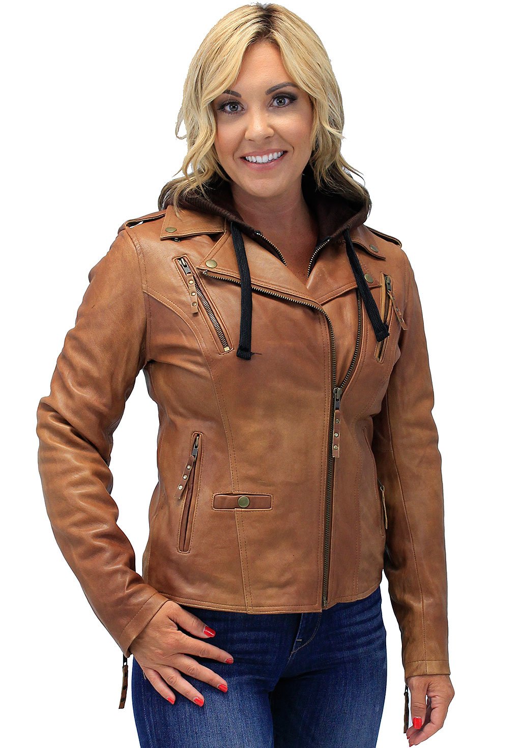 Women's Light Brown Hoodie Motorcycle Jacket #L68411HN