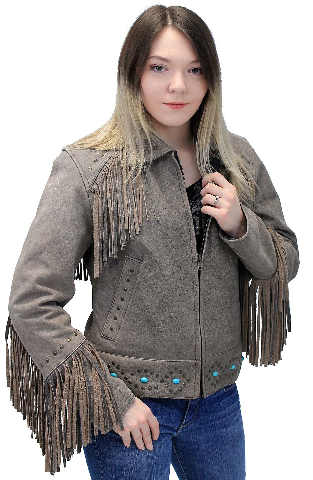 Turquoise and Fringe Brown Leather Jacket for Women #L17081ZFTN