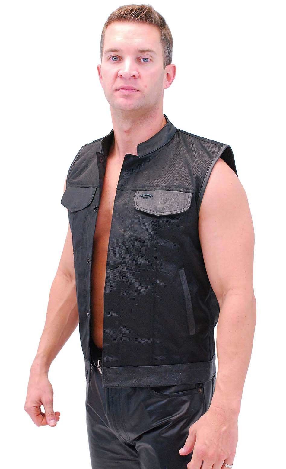 Men's Leather & Nylon Anarchy Biker Club Vest w/Concealed Pockets #VMC720K