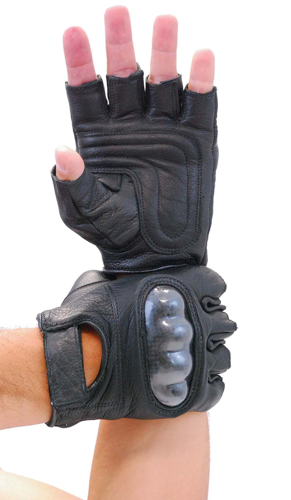 Padded Palm Hard Knuckle Black Leather Fingerless Gloves #G952K