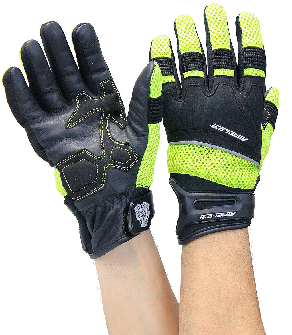 Green Mesh Motorcycle Gloves with Leather Palm & Reflectors #GC4344VRN