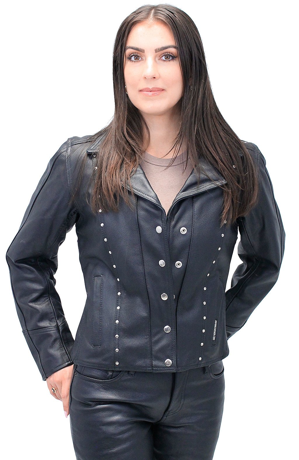 Black Rivet Trim Cowhide Motorcycle Jacket #L4042RZK (XS-S, 3X)