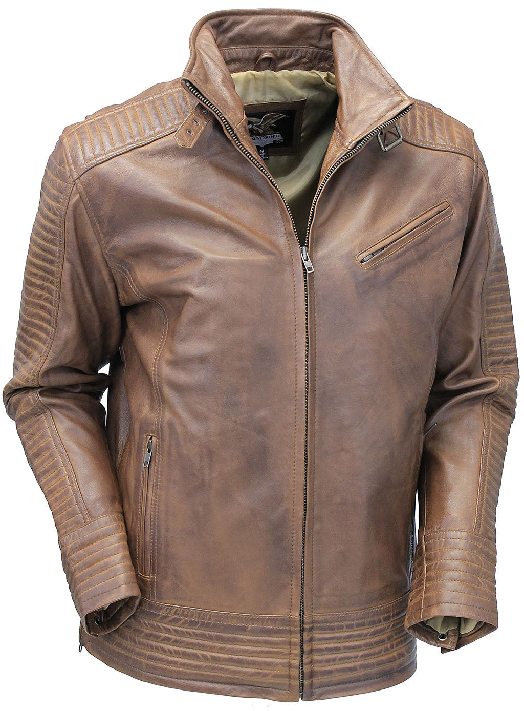 Distressed Brown Leather Ribbed Trim Jacket Butterfly Collar #MA1992GN