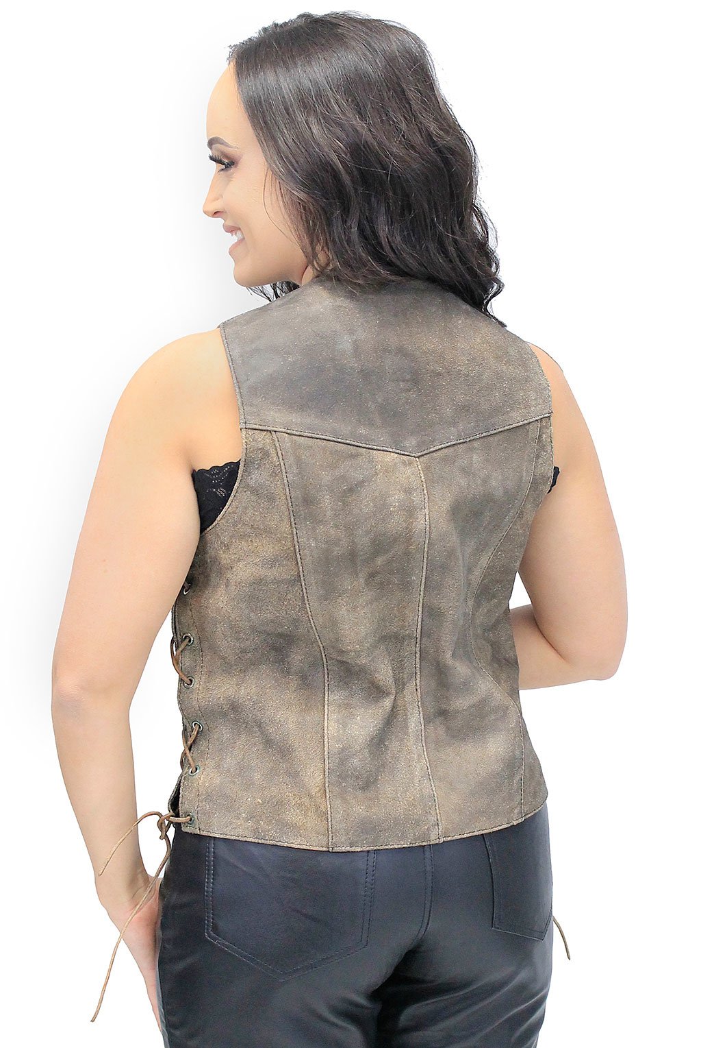 Women's Rustic Brown Leather Side Lace Vest Special #VL618LDN Z (M-XL)