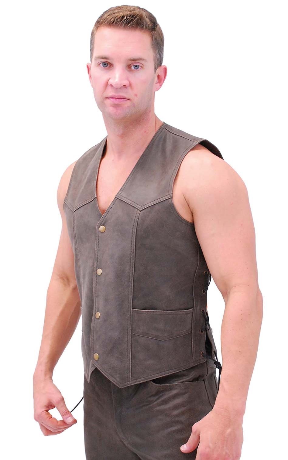 Premium Rich Brown Leather Vest w/Side Lace #VM2622N (44-46, 56-60)