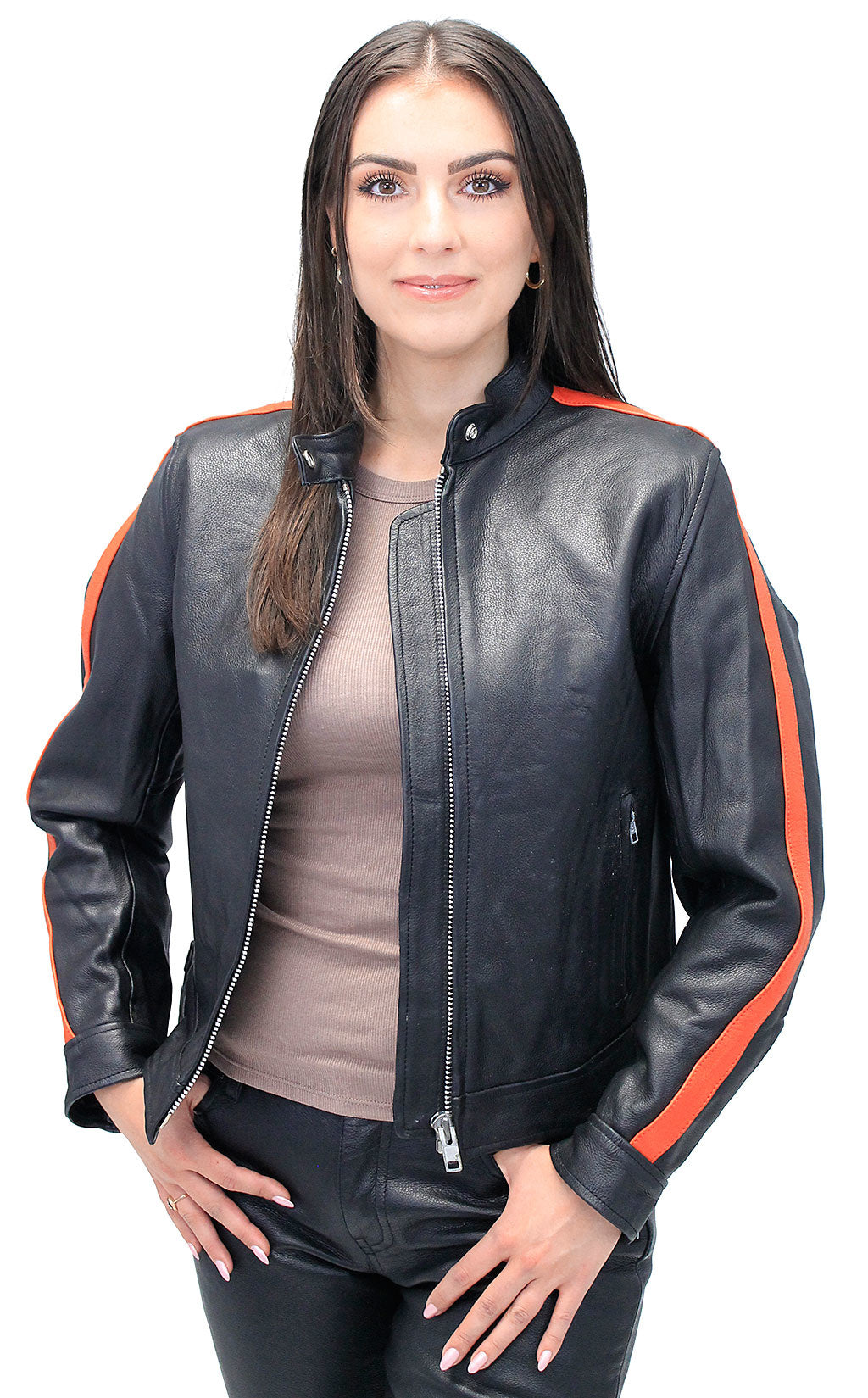 Orange Strip Women's Leather Motorcycle Jacket #L654416ZO (S-2X)