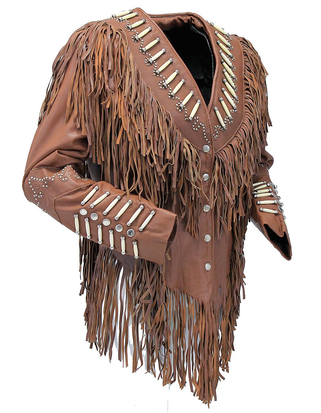 Brown Fringe Jacket w/Bone Beads & Studding #L42521FBN (S ONLY)