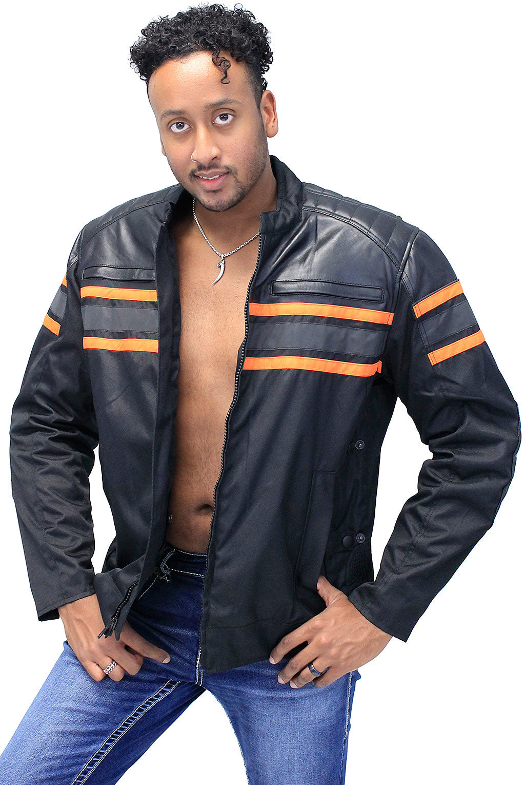 Orange Stripe Armor Reflector Men's Jacket Leather-Textile #MC361616AO