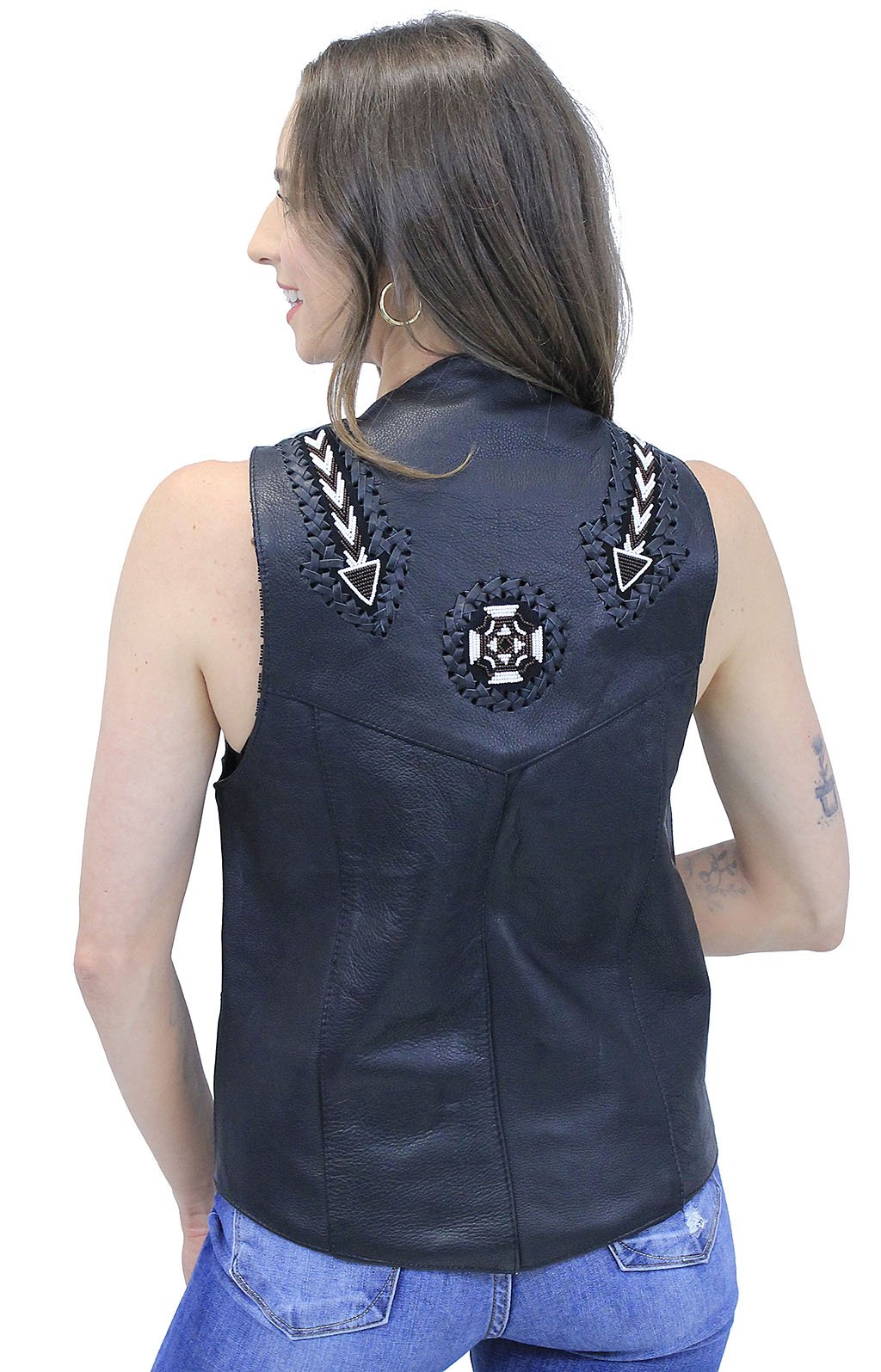 Hand Lace and Indian Bead Inlay Leather Vest #VM641BDK (36-46)