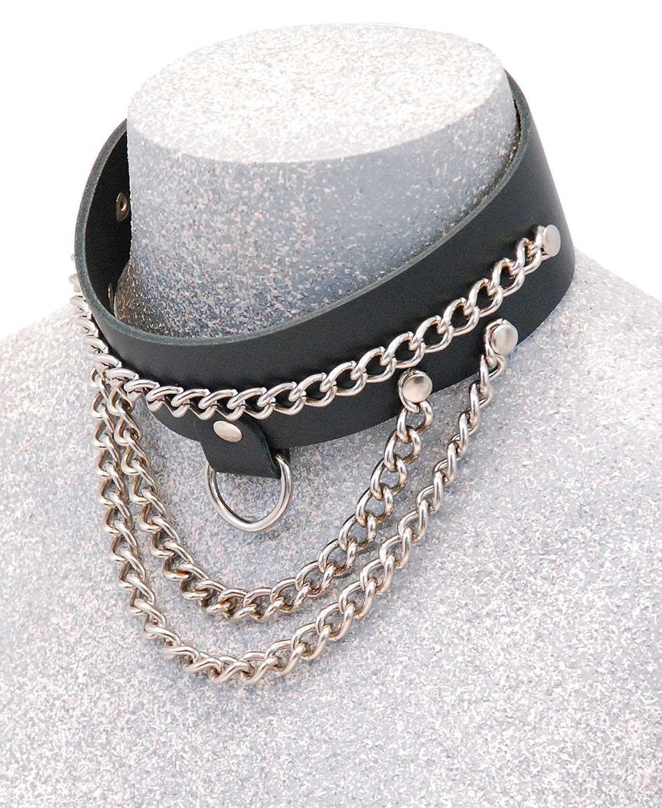 Wide Leather Multi-Chain Choker w/D-Ring #N16015DCC