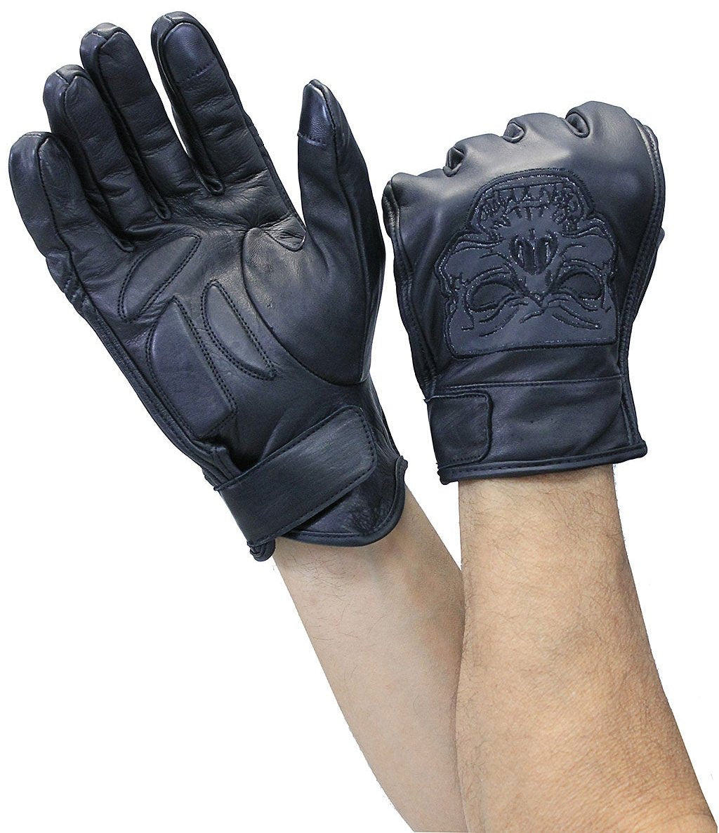 Reflective Skull Leather Gloves w/Padded Palms #G8241RSK