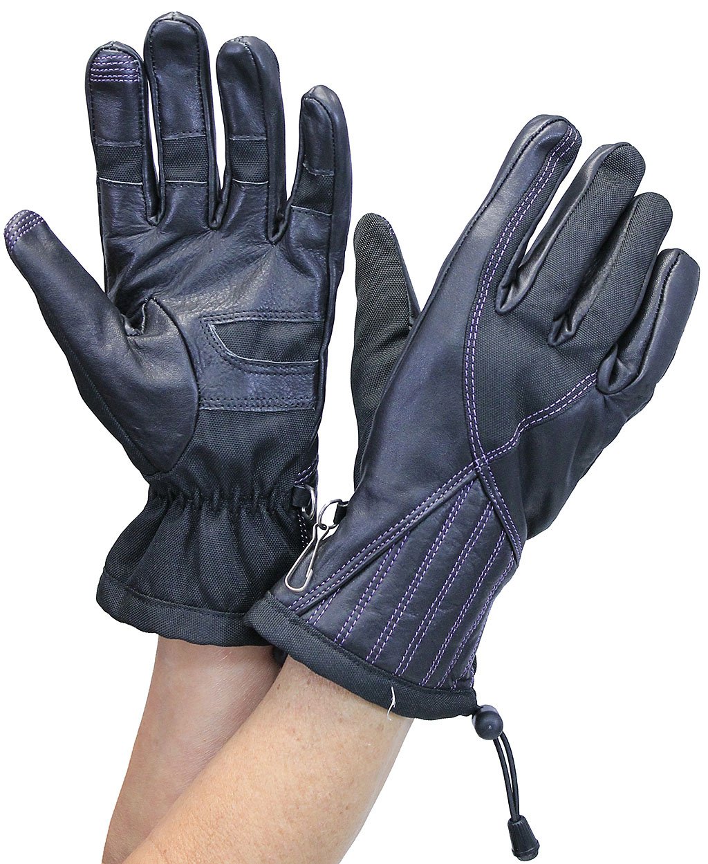 Purple Stitched Nylon and Leather Women's Gauntlet Gloves #GL777106PU