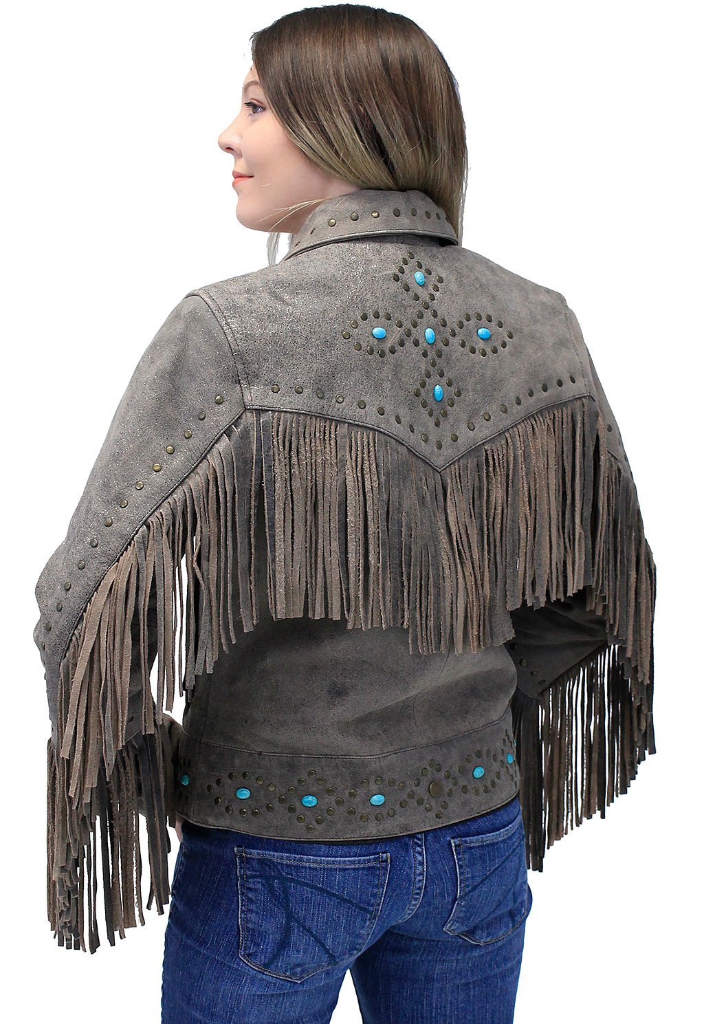 Turquoise and Fringe Brown Leather Jacket for Women #L17081ZFTN