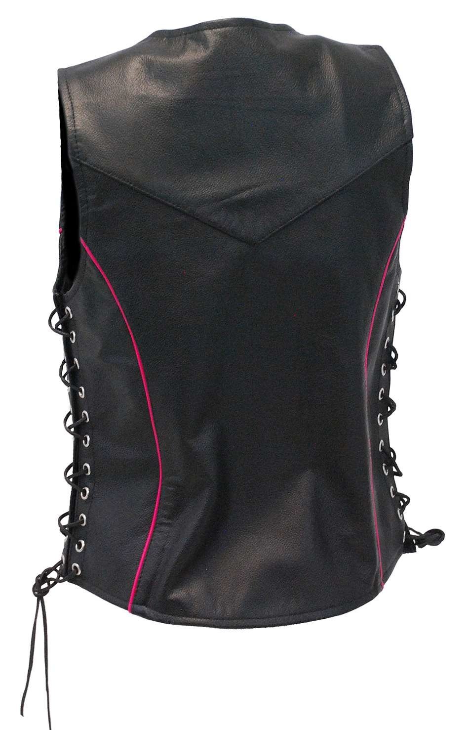 Women's Hot Pink Piping Side Lace Leather Concealed Pocket Vest #VL68502GHP (XS-3X)