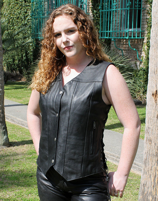 Women's Multi-Pocket Concealed Pocket Leather Vest #VL2675GLK