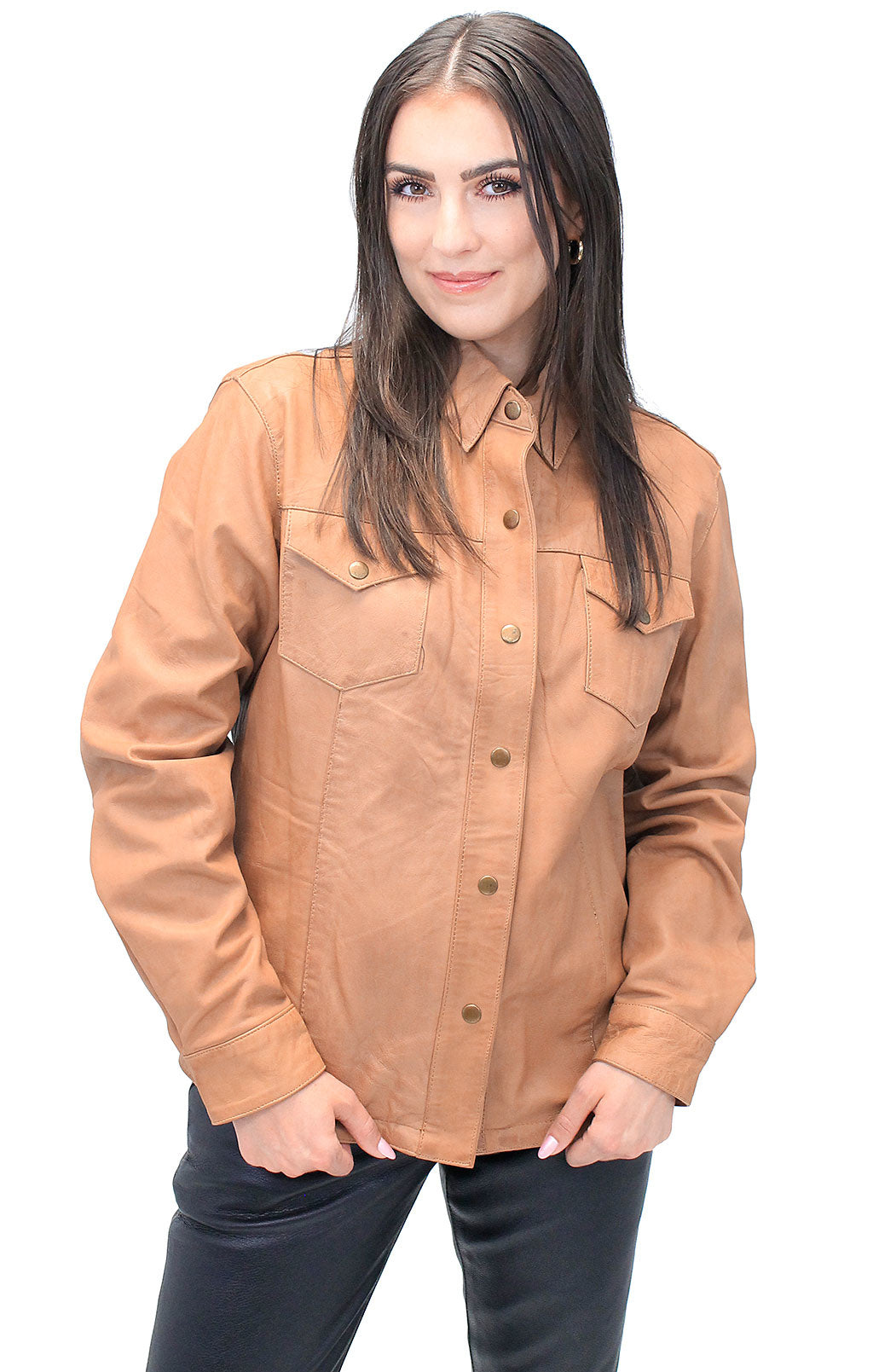 Women's Vintage Tan Soft Lambskin Leather Shirt  #LSA862T (L-5X)