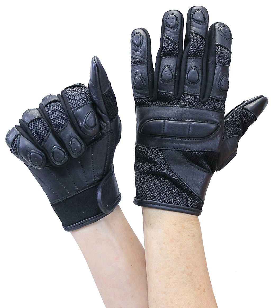 Women's Black Leather and Mesh Padded Gloves #GL80200VK