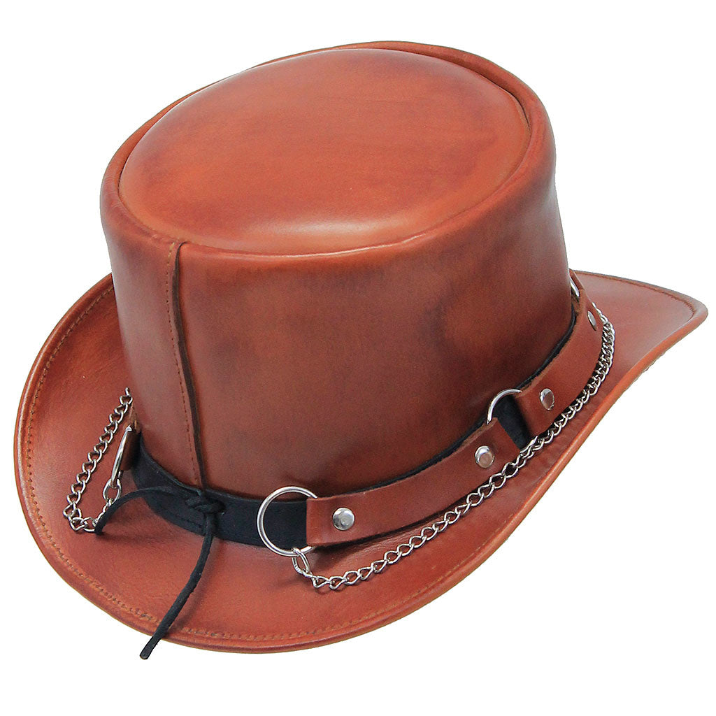 Light Brown Leather Tophat w/Chains & Rings #H2209RCN