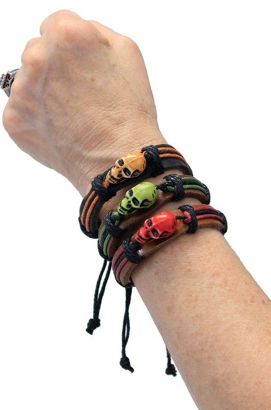 Adjustable Leather Wristband with Colorfull Skull #WB336SK