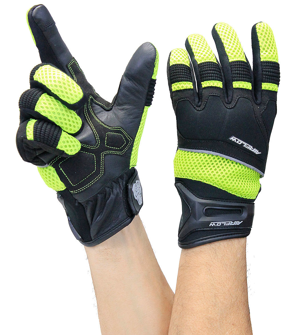 Green Mesh Motorcycle Gloves with Leather Palm & Reflectors #GC4344VRN