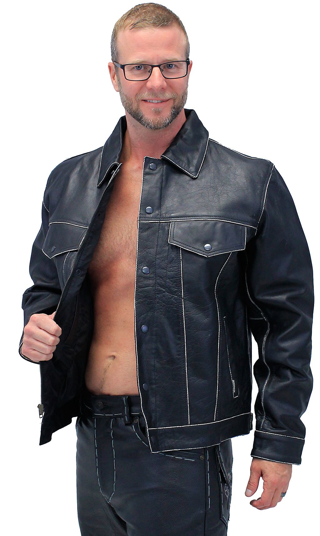 Black Vintage Leather Jean Jacket with Concealed Pockets #MA6643K