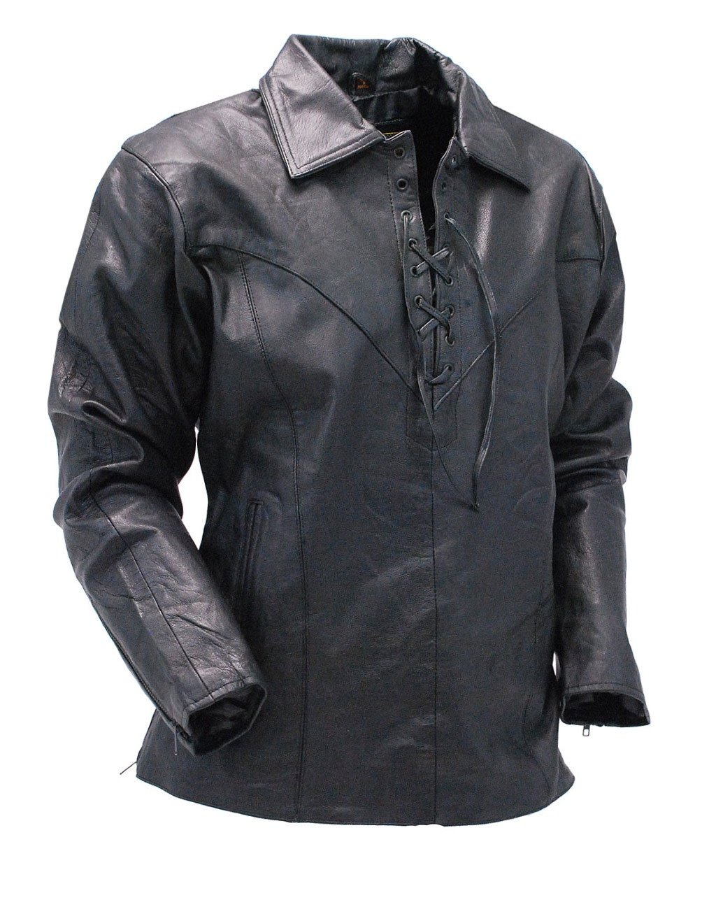 Black Leather Lace Up Pullover Shirt with Side Zippers #MS854LK (XS-M)