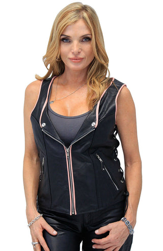 Pink Trim Side Lace Zipper Vest #VL685422LP (S-L)