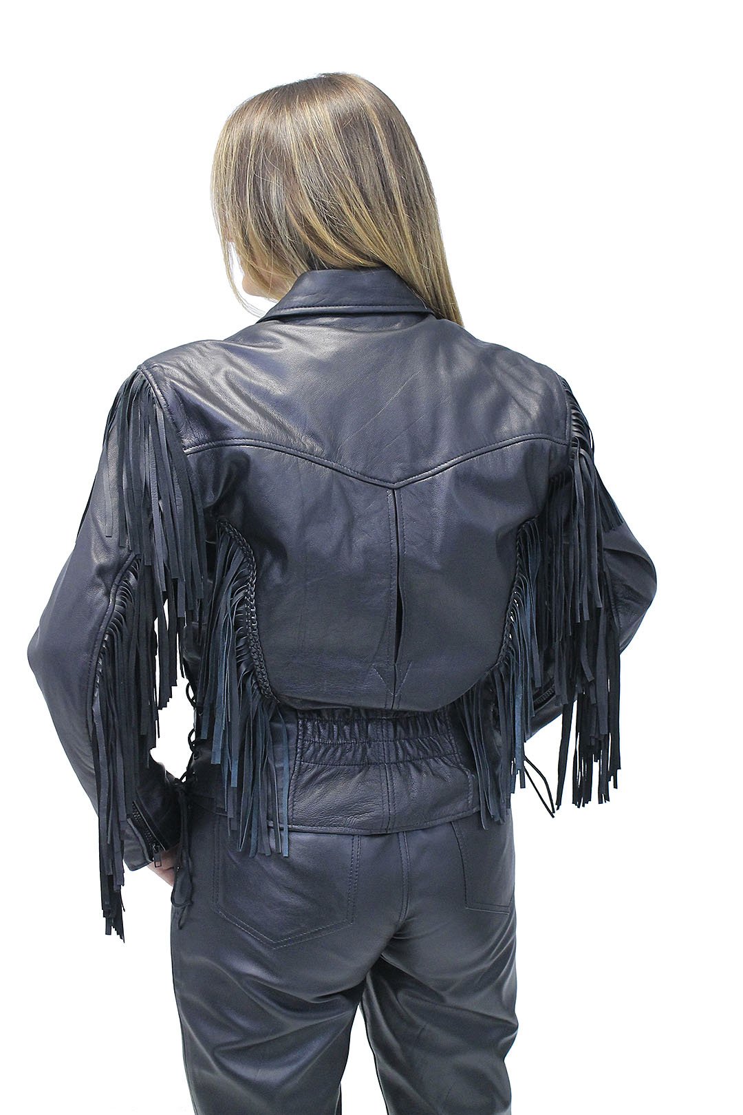 V Fringed Leather Motorcycle Jacket for Women #L452ZFB