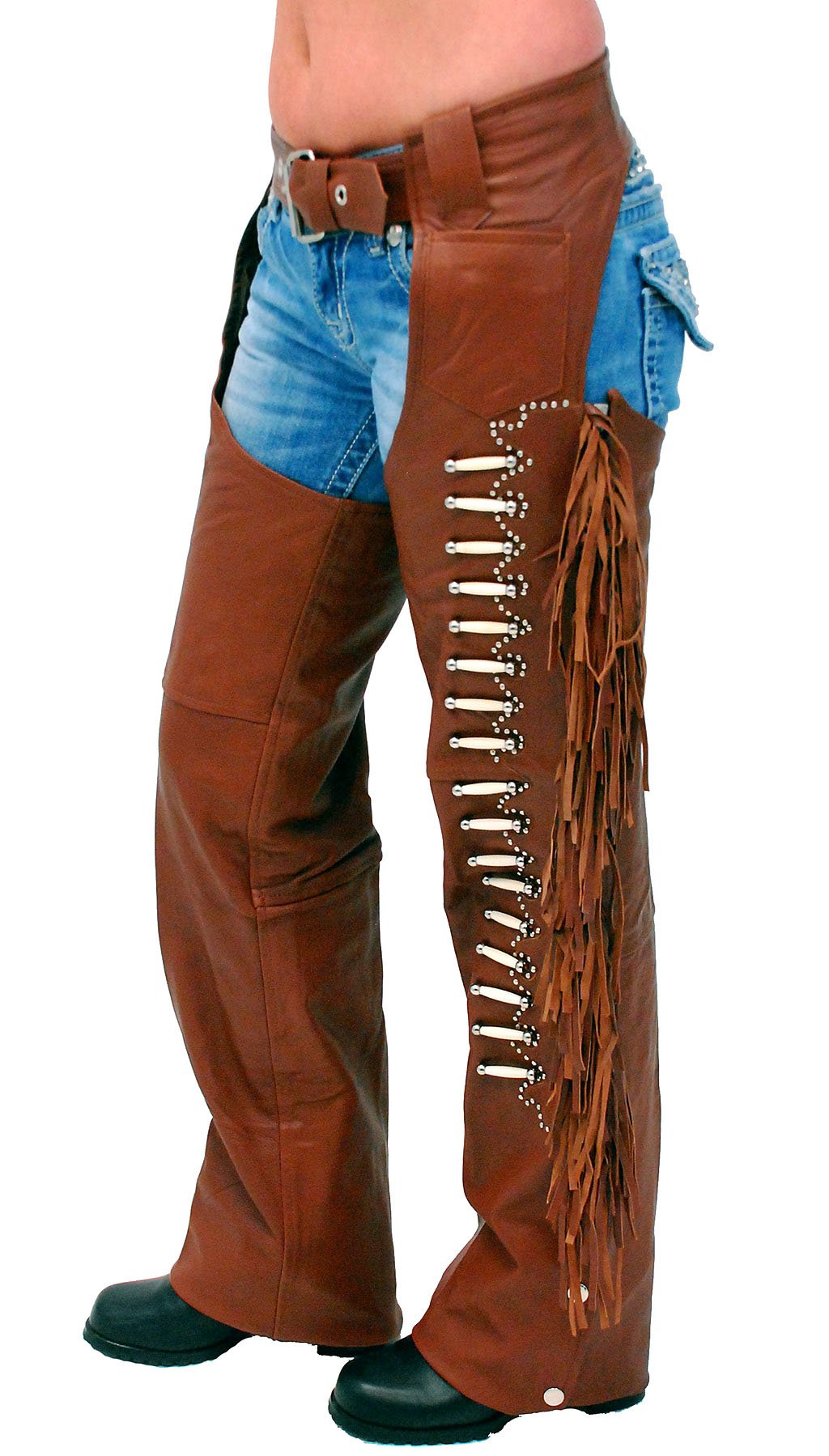 Brown Leather Chaps w/Fringe & Bone Beading #C4300FBN (XS-XL)