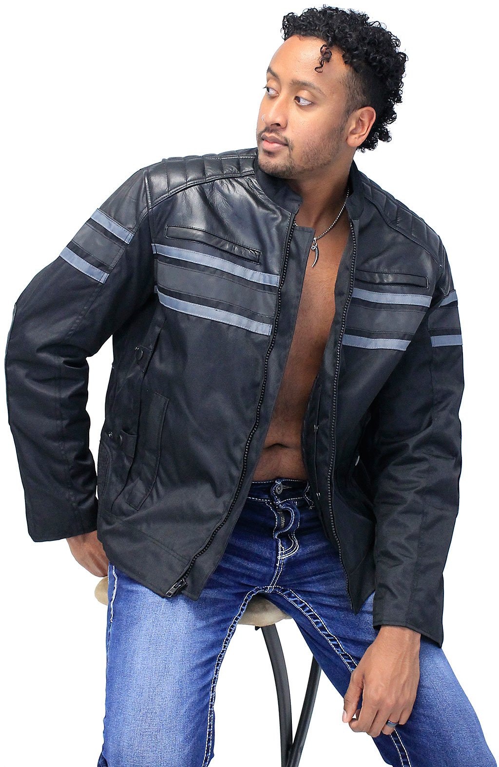 Gray Stripe Armor Reflector Men's Jacket Leather-Textile #MC361618AK